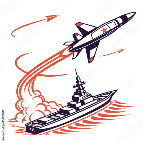 Navy fighter jet launching from warship with orange trails