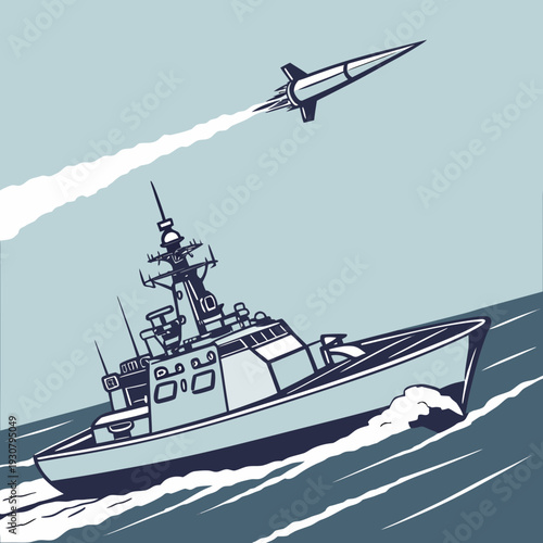 Navy warship launching missile over ocean waves