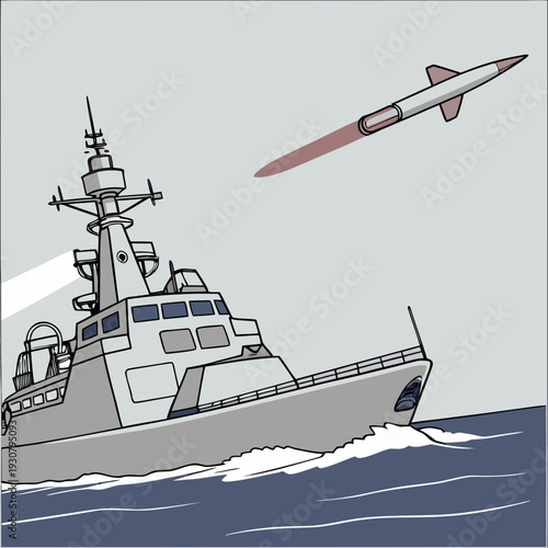 Warship launching missile over ocean naval combat