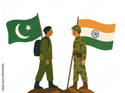 India Pakistan Border Soldiers with National Flags - Independence Day Peace Illustration