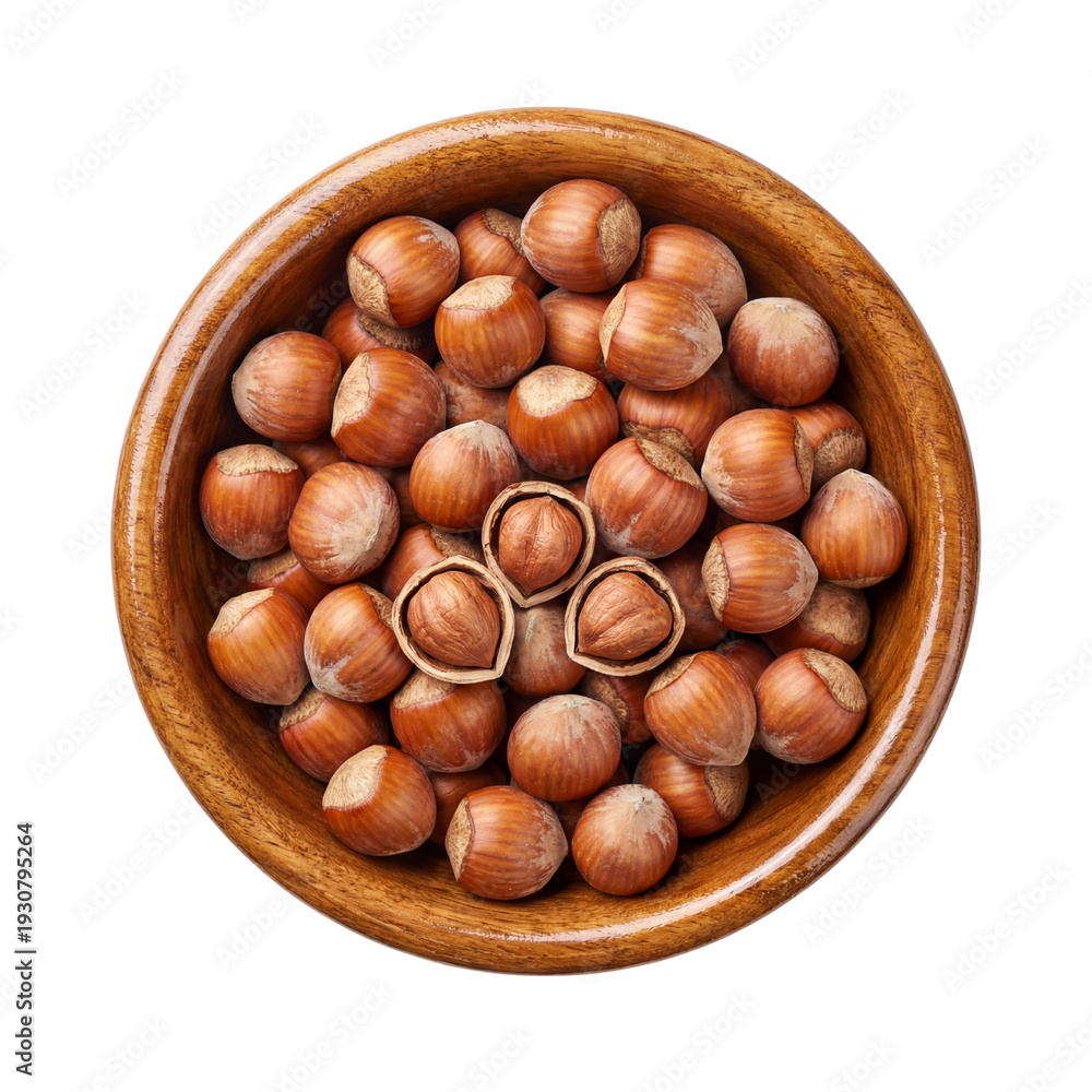 Fototapeta premium Raw hazelnuts in wooden bowl isolated on transparent