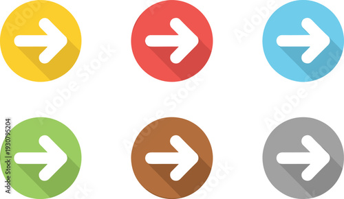Right arrow circle icon set illustration, colorful flat navigation button symbols collection, modern web vector isolated background graphic