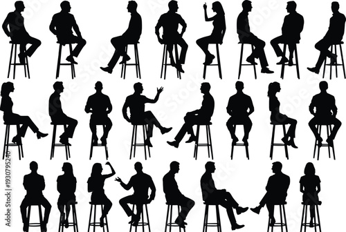 People sitting on stools silhouette collection, men and women talking poses set, black vector isolated background illustration