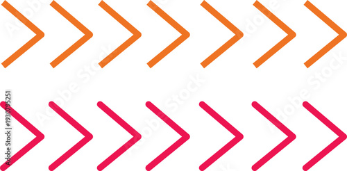 Pattern of orange and pink chevron arrows pointing right isolated on transparent background