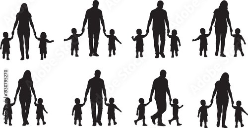Silhouette vector set of family groups, parents with two children, holding hands, walking together, parental care, bonding, unity, love, parenting illustration