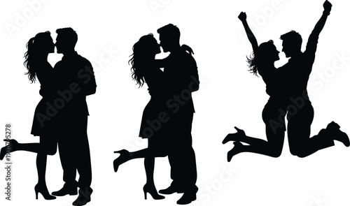 Romantic couple kissing silhouette set, happy man and woman jumping together, black vector isolated background illustration