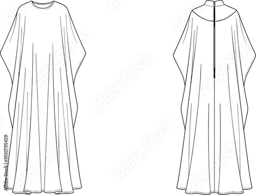 Women's loose kaftan dress CAD drawing, flat vector illustration with front and back views, fashion technical template
