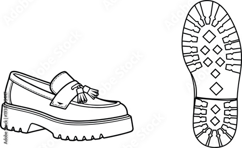 Women's platform loafer shoe CAD drawing, flat vector illustration with side and sole views, fashion technical template