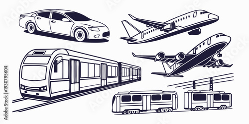 Diverse modes of transportation including cars, planes, and trains