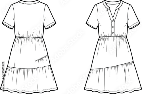 Women's short sleeve midi dress CAD drawing, flat vector illustration with front and back views, fashion technical template