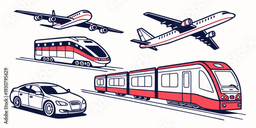 A diverse collection of various transportation vehicles including planes, trains, and cars