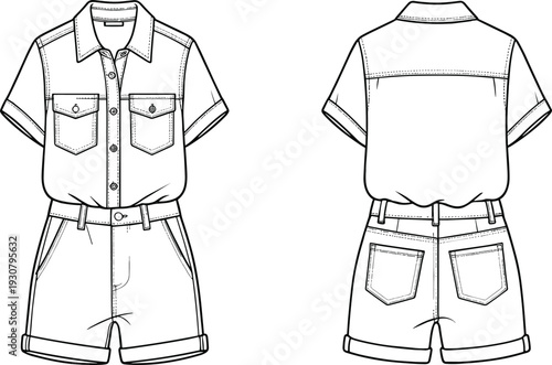 Women's utility romper CAD drawing, flat vector illustration with front and back views, fashion technical template design