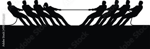 Black and white silhouette of two teams in a competitive tug of war competition showing strength, teamwork, and powerful pull.