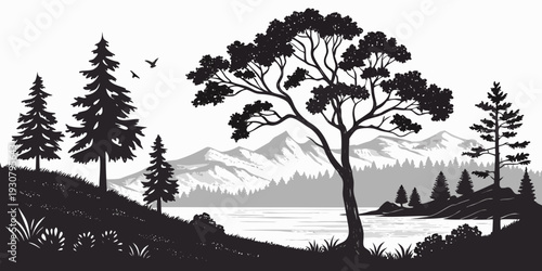 A serene landscape featuring a large tree standing tall amidst a forest.