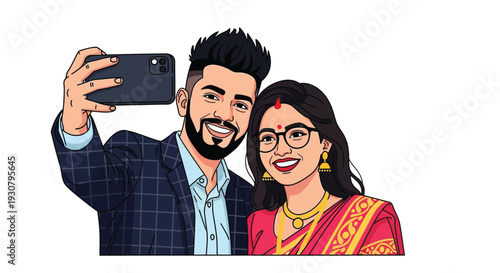 Couple taking a selfie with a smartphone digitally illustrated portrait
