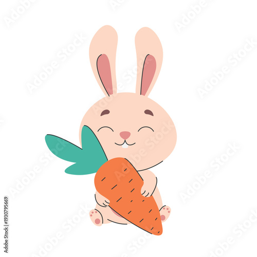 Cute cartoon bunny holding carrot isolated on white background. Happy rabbit mascot. Spring farm animal vector character