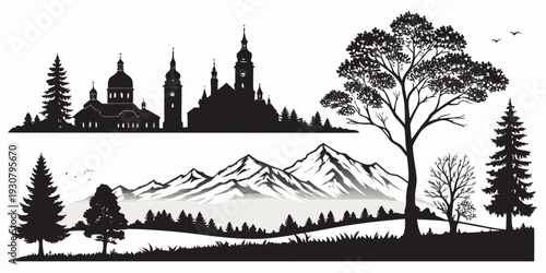 A scenic landscape featuring mountains, trees, and a church in the distance