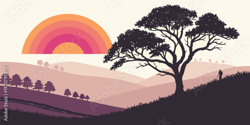 A serene landscape with a radiant sunset and silhouetted trees in the distance