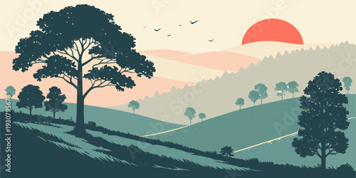 A serene landscape with a vibrant sunset and lush green hills