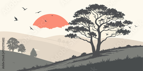 Silhouetted trees and birds against a vibrant sunset sky over rolling hills