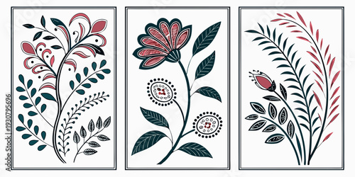 A beautiful illustration of three different types of flowers in a vertical arrangement