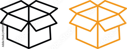 Two open cardboard boxes in outline style one black and one orange on transparent background