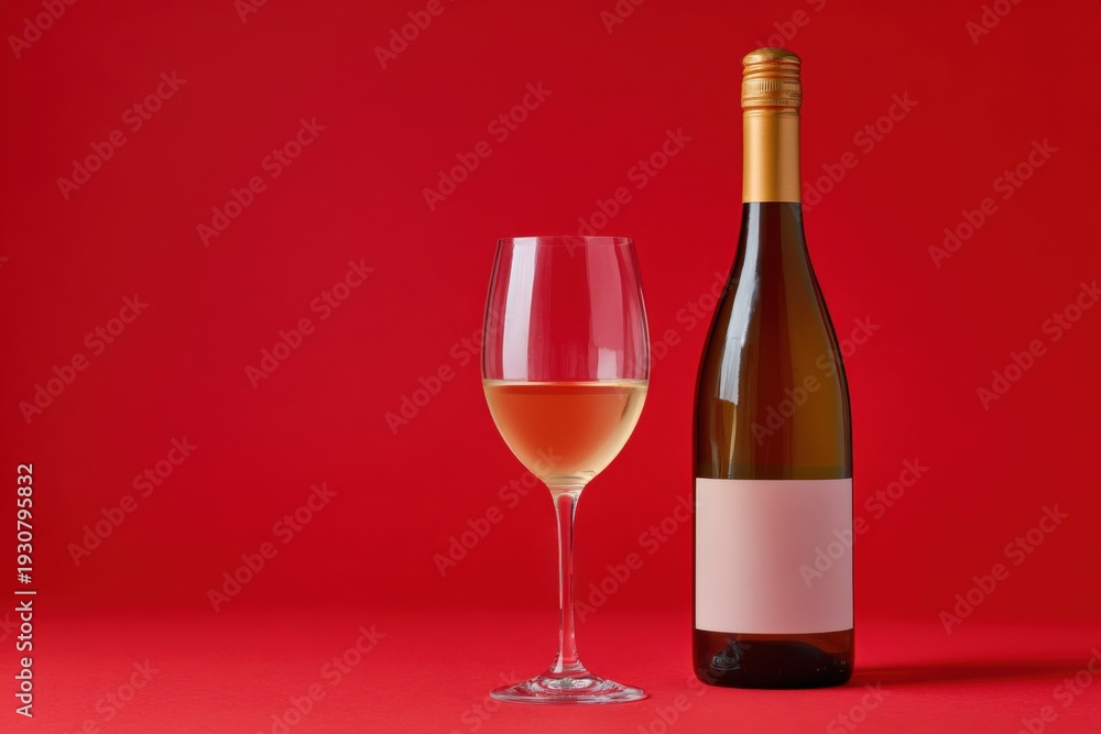 Obraz premium White wine bottle and glass on vibrant red background