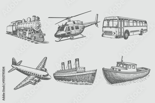 Old retro vintage Helicopter, Train, Bus, Boat, Ship, Airplane hand drawn illustration. engraving style Transport elements set. Eps 10