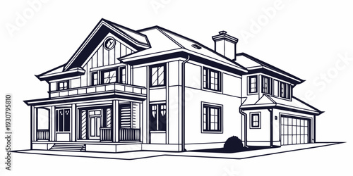 A detailed sketch of a large, modern two-story house with a prominent front porch and garage.