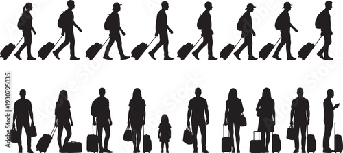 Silhouette vector set of travelers carrying luggage, walking with suitcases, standing with bags, airport travel concept, diverse people, family journey illustration