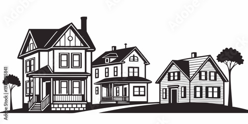 A charming row of houses with unique architectural designs and a tree