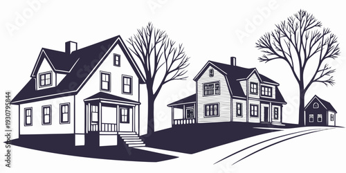 A charming neighborhood with three distinct houses and a large tree in the front yard