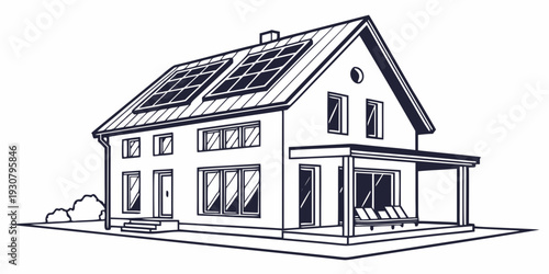 Modern house with solar panels and a garage, surrounded by a white picket fence.