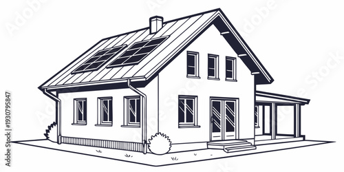 A charming two-story house with solar panels on the roof and a welcoming porch
