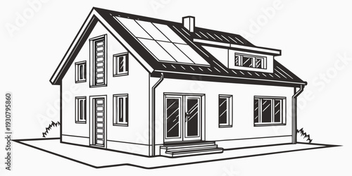 A modern two-story house with solar panels on the roof and a welcoming front porch