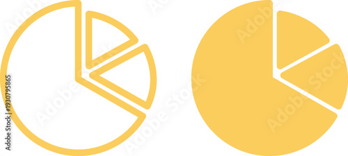 Two pie charts with three segments one outline and one solid fill in yellow color