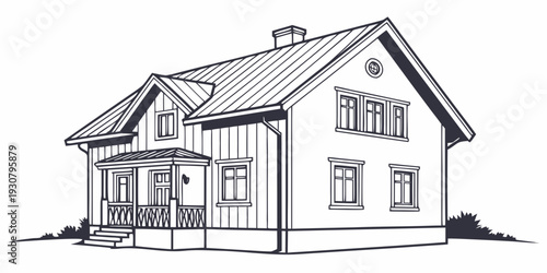 A charming two-story house with a welcoming porch and a steep roof.