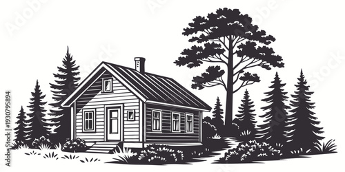 A charming rustic cabin nestled in the heart of a serene forest landscape.