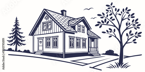 A charming house with a tree and a garden in a peaceful neighborhood.