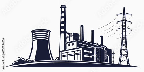 Industrial landscape featuring power plant and electrical infrastructure.