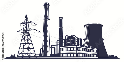 Industrial landscape featuring power plants and factories with various structures
