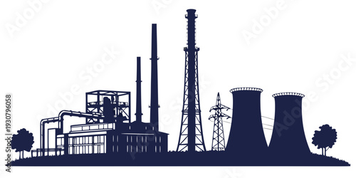 Silhouette of industrial buildings and power generation infrastructure