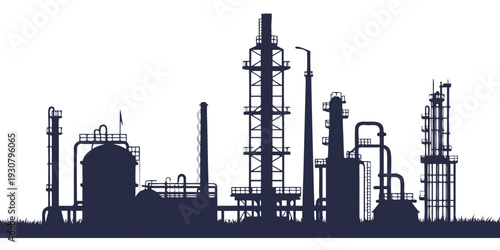 Silhouette of industrial structures with tall towers and complex machinery.