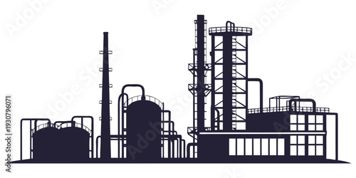 A detailed illustration of an industrial facility with various structures and machinery.