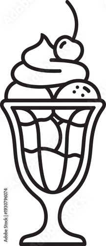Detailed Ice Cream Sundae or Parfait Glass Outline Icon with Whipped Cream, Cherry, and Textured Glass, Representing Decadent Treats