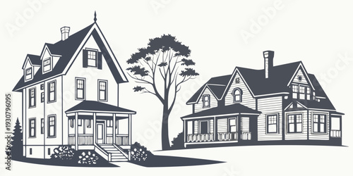 A charming illustration of two houses with trees in a serene neighborhood setting.