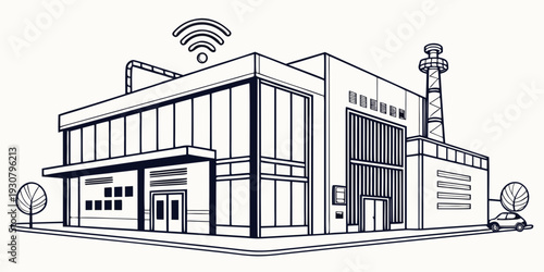 Modern industrial building with wireless connectivity and renewable energy infrastructure