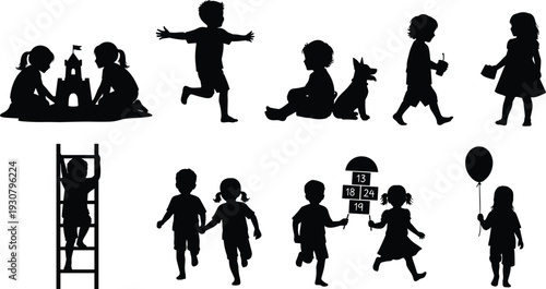 Black and white silhouette collection of people sitting at cafe tables outdoors having coffee and talking isolated on white background.