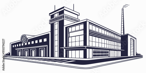 A large industrial building with a distinctive tower and chimney