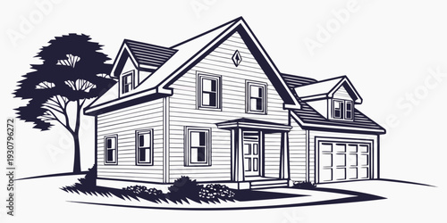 A charming two-story house with a welcoming front porch and a large tree nearby